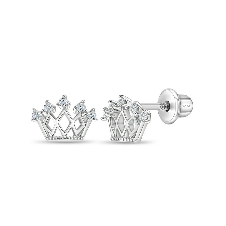 925 Sterling Silver CZ Princess Crown Screw Back Earrings Little Girls