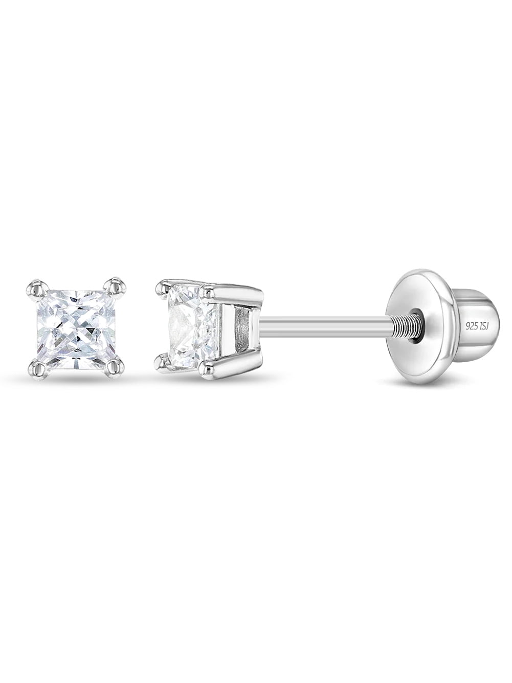 925 Sterling Silver CZ Princess Square Cut Screw Back Earrings for Baby Girl 3mm