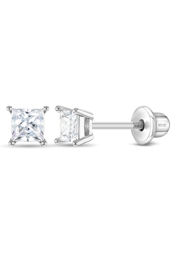 925 Sterling Silver CZ Princess Square Cut Screw Back Earrings for Toddlers 4mm