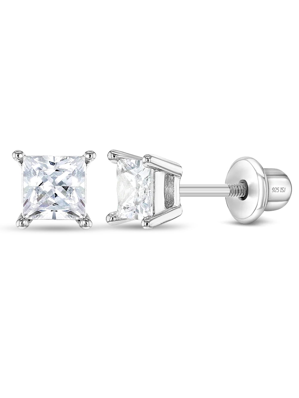 925 Sterling Silver CZ Princess Square Cut Screw Back Earrings for