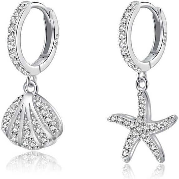 925 Sterling Silver CZ Seashell Hoop Earrings for Women Teens Starfish Huggie Earrings Dangle Beach Earrings