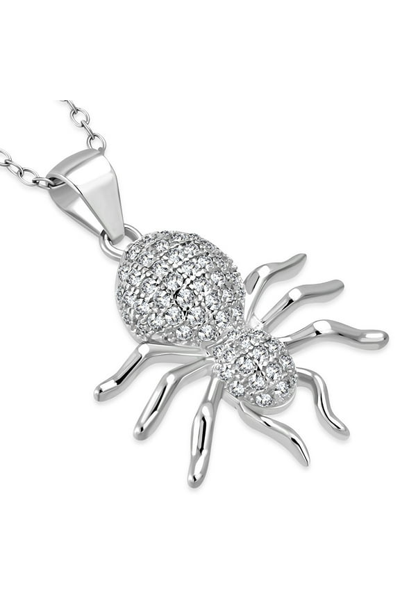 925 Sterling Silver CZ Spider Insect Pendant Necklace, 18"