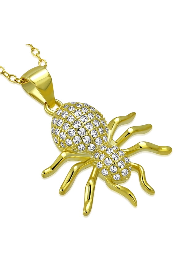 925 Sterling Silver CZ Spider Insect Pendant Necklace, 18"