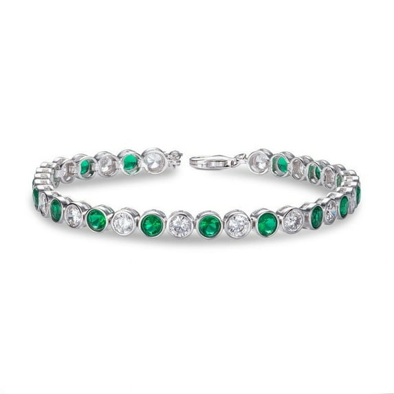 925 Sterling Silver CZ Tennis Bracelet With Bezel Set Green & White Cubic Zirconia With 4mm Green and White Stones