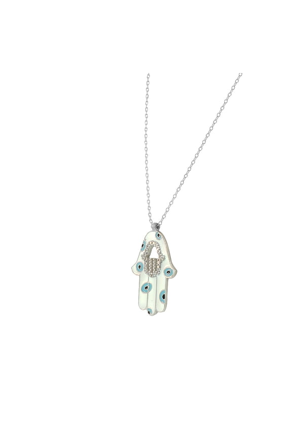 925 Sterling Silver CZ White Blue Enamel Evil Eye Hamsa Pendant Necklace
