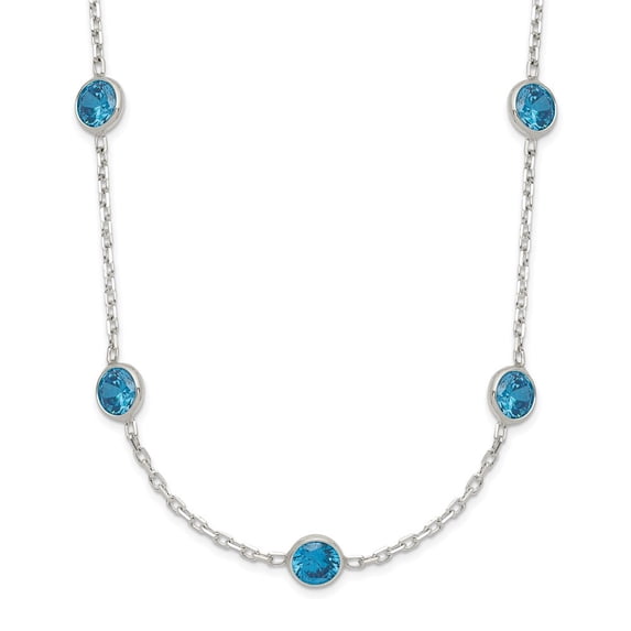 925 Sterling Silver Cable Fancy Necklace Chain 9-Station Blue CZ 18 inch 5 mm