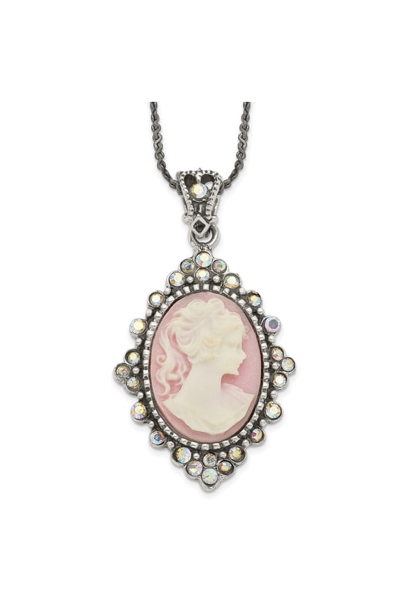 925 Sterling Silver Cable Fancy Necklace Chain Antiqued Pink Resin Cameo w/Crystal 16 inch