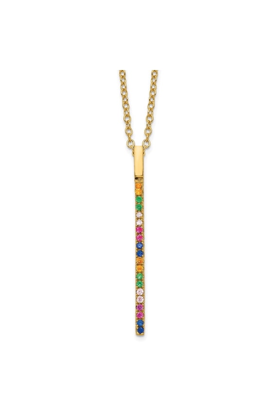 925 Sterling Silver Cable Fancy Necklace Chain Prizma Gold-tone 14K Flash Gold-plated 16 inch Colorful CZ Vertical Bar with 2 Extender 18 1.5 mm