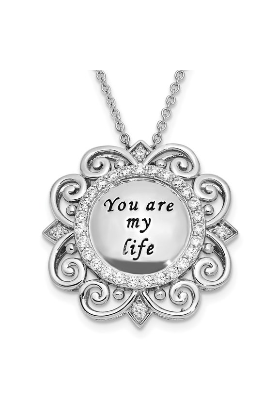925 Sterling Silver Cable Fancy Necklace Chain Sentimental Expressions CZ Antiqued You Are My Life 18in. 18 inch