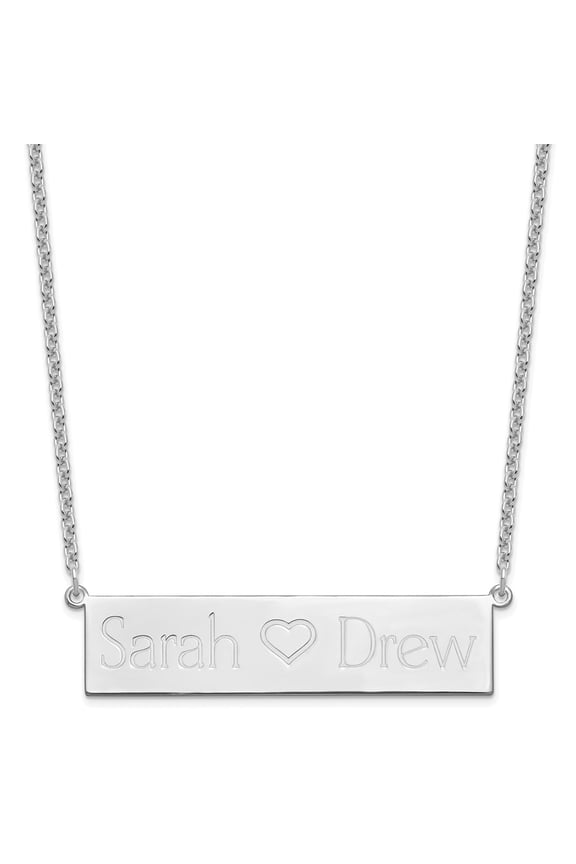 925 Sterling Silver Cable Name Initials Necklace Chain SS/Brushed 2 Names with Heart Bar 18 inch