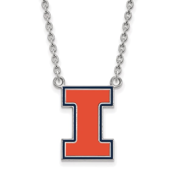 925 Sterling Silver Cable Necklace Chain LogoArt University of Illinois Letter I Large Enameled Pendant 18 inch 13 mm