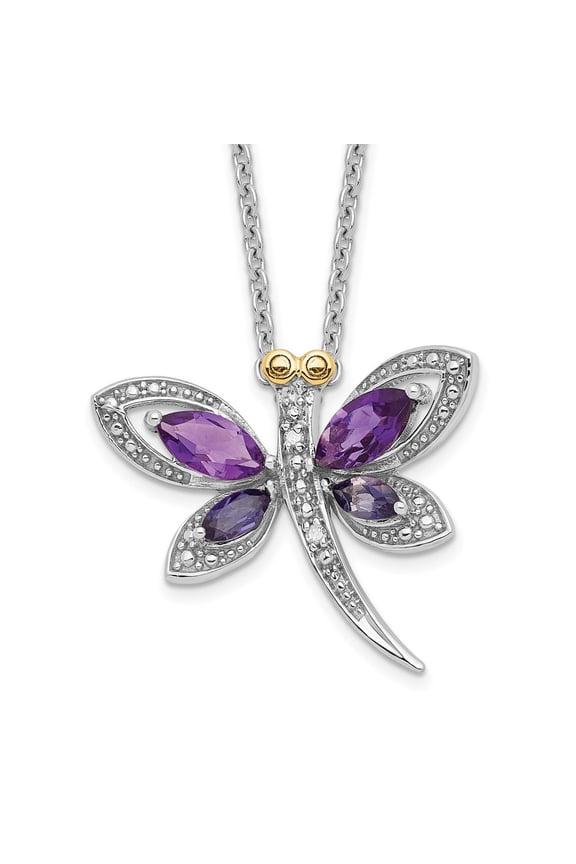 925 Sterling Silver Cable Necklace with Pendants Chain Brilliant Gemstones 14K Accent Amethyst and Iolite Diamond Dragonfly 18 Inch 2 Extender 20 21 mm