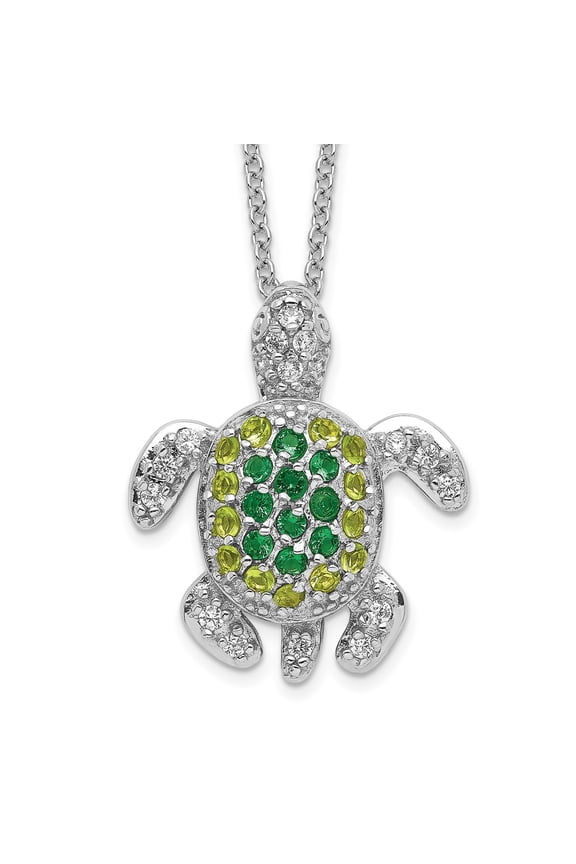 925 Sterling Silver Cable Necklace with Pendants Chain Cheryl M Brilliant-cut Green Glass and White CZ Turtle 18 inch