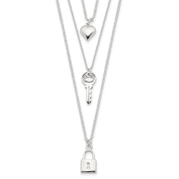 925 Sterling Silver Cable Necklace with Pendants Chain Lock, Heart and Key Multi-Strand 16in 16 inch
