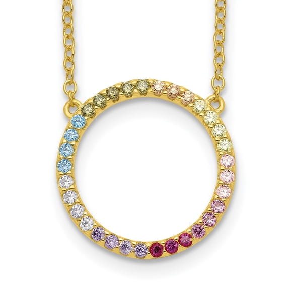 925 Sterling Silver Cable Necklace with Pendants Chain Prizma Gold-tone 14K Flash Gold-plated 16 inch Colorful CZ Open Circle 2 Extender 18 18.45 mm