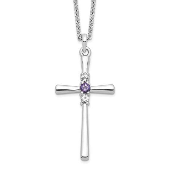 925 Sterling Silver Cable Themed Necklace Chain Survivor Collection 16 Inch White and Purple Swarovski Topaz Faith Cross with 2 Extender 18 mm