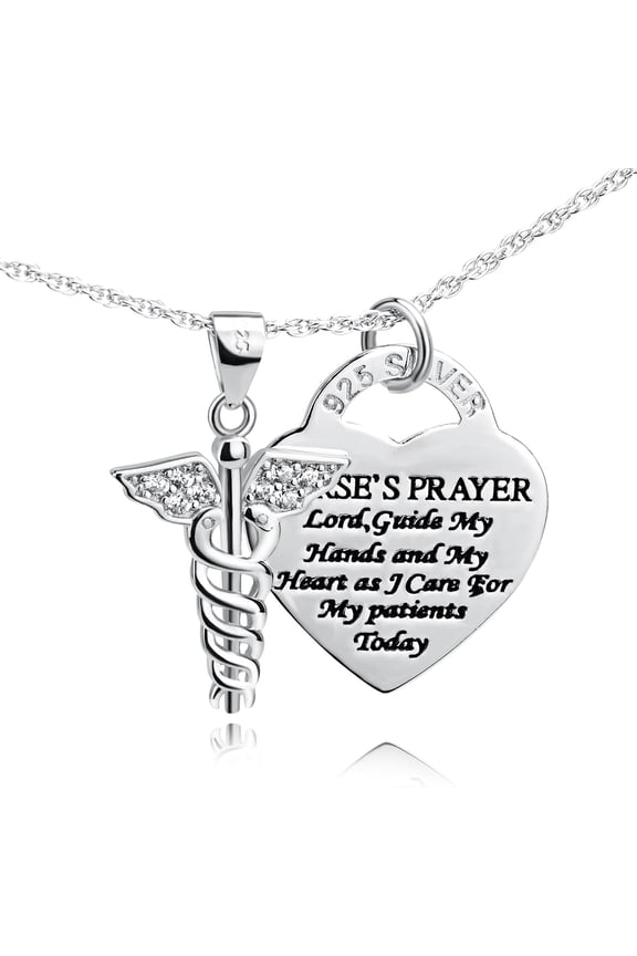 925 Sterling Silver Caduceus Angel Nursing Themed Pendant Necklace 18"