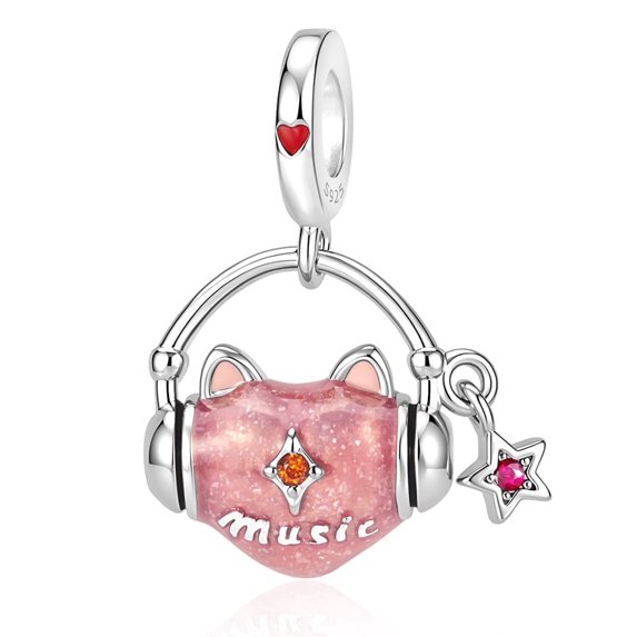 925 Sterling Silver Cat Enjoying Music Dangle Charm For Bracelets & Bangle Pendant Jewelry