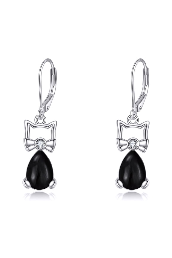 925 Sterling Silver Cat Leverback Earrings Cute Animal Black Onyx Dangle Drop Jewelry Gifts for Women