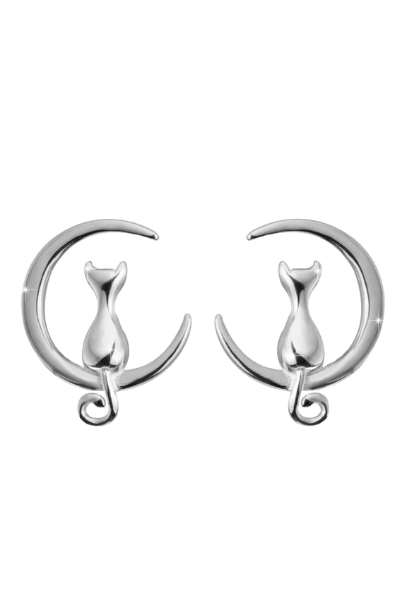 925 Sterling Silver Cat Moon Stud Earrings Moon Earrings Silver Cat Earrings for Women Cute Animal Earrings Jewelry Birthday Christmas Gifts