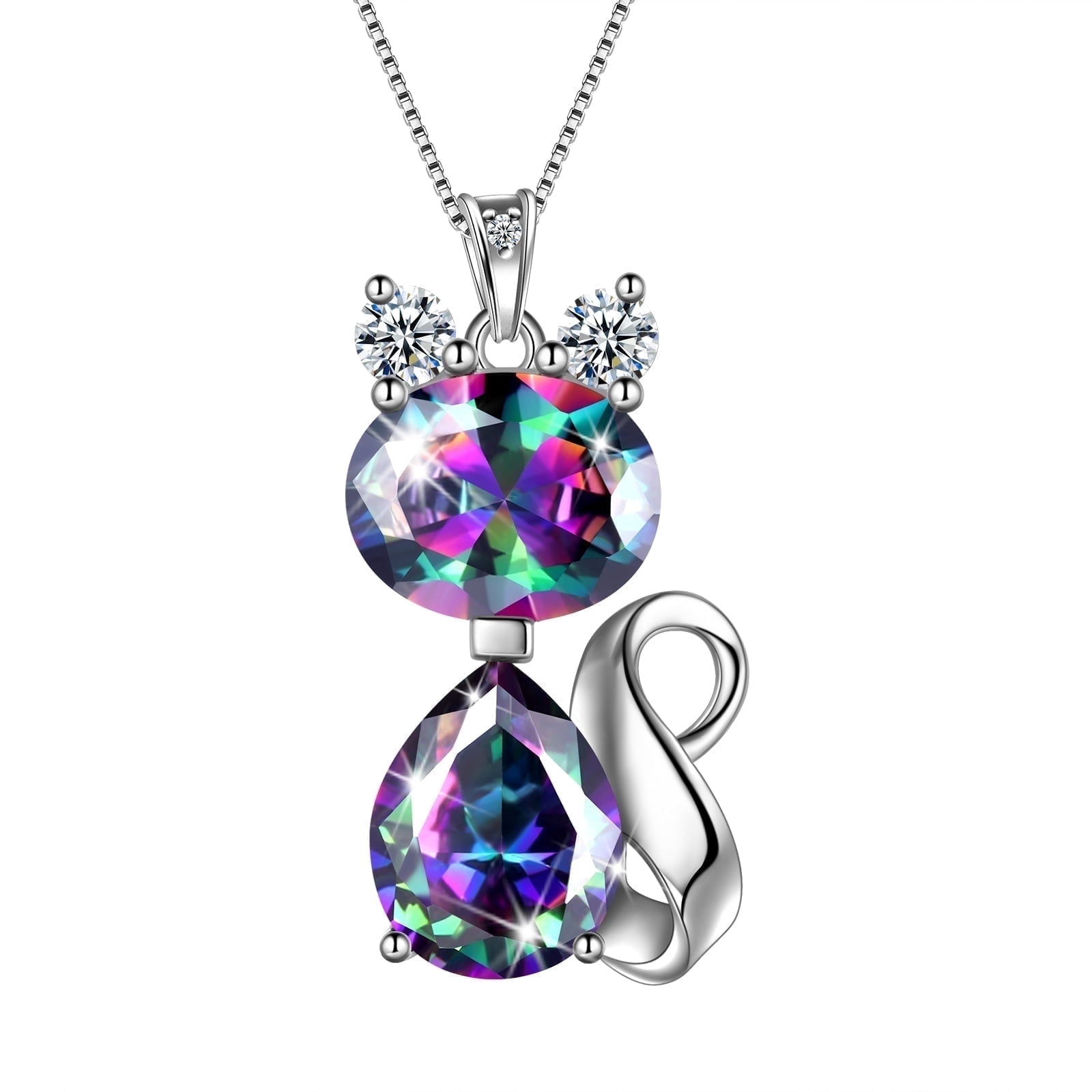 Juwaliy Cat Necklace 925 Sterling Silver Pendant Crystal Rainbow Mystic Topaz Necklaces Jewelry Women Daughter Wife Mother Christmas Birthday Gift
