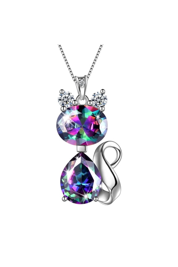 Cat Necklace 925 Sterling Silver Pendant Crystal Rainbow Mystic Topaz Necklaces Jewelry Women Daughter Wife Mother Christmas Birthday Gift