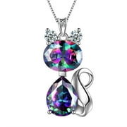 925 Sterling Silver Cat Pendant Necklace Mystic Rainbow Topaz Crystal CZ Women Gilrs Anniversary Jewelry Aurora Tears