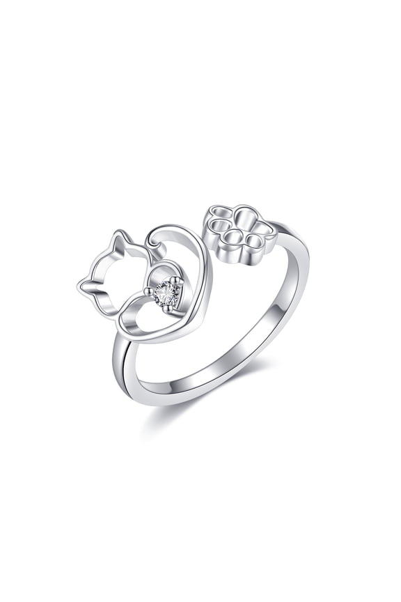 925 Sterling Silver Cat Ring Cat Paw Print Ring Adjustable Open Rings for Animal Lovers Women