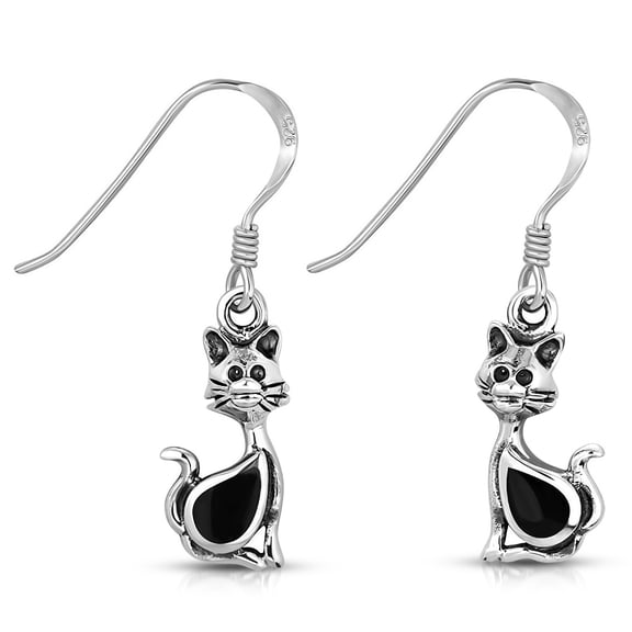 925 Sterling Silver Cat Simulated Onyx Drop Dangle Earrings