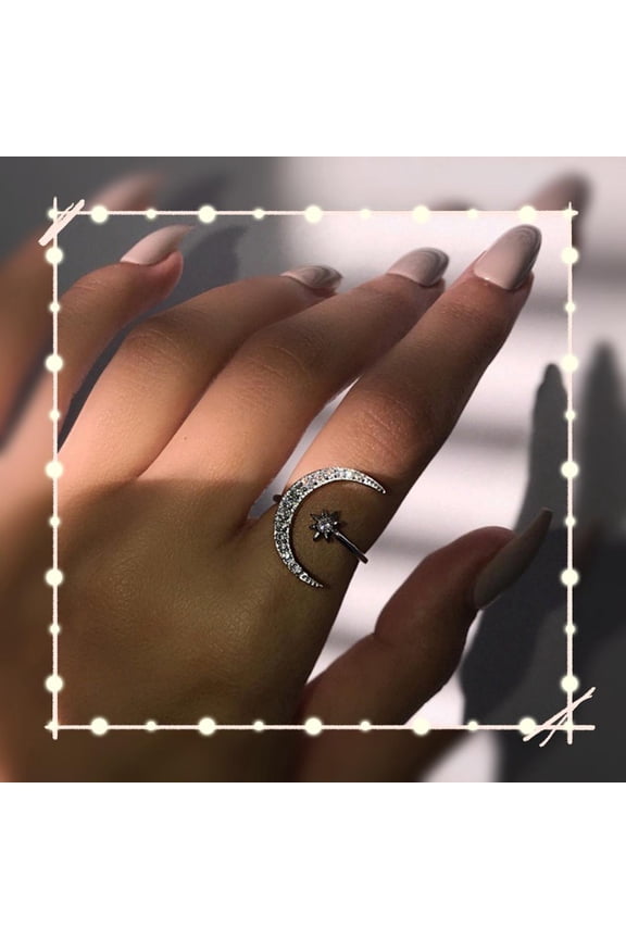 925 Sterling Silver Celestial Crescent Star Adjustable Open Finger Ring for Women Christmas Gift