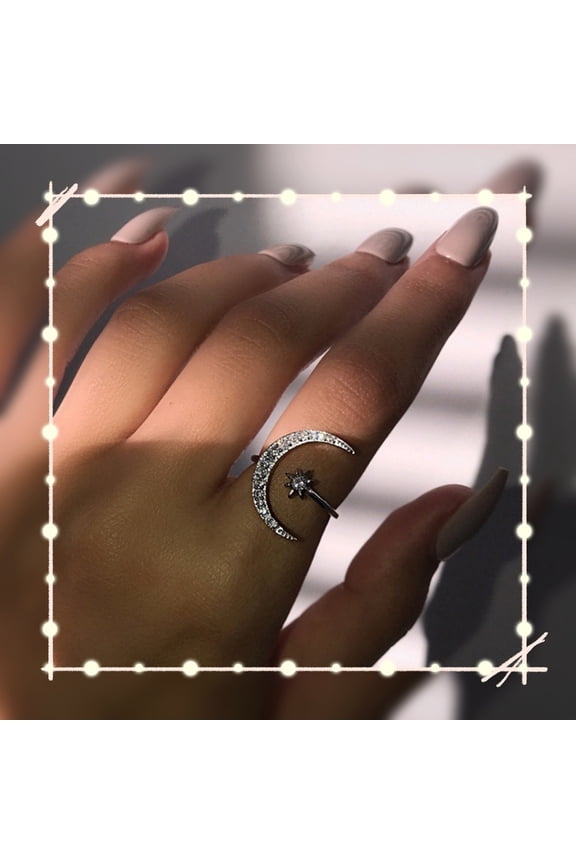 925 Sterling Silver Celestial Crescent Star Adjustable Open Ring for Women Christmas Gift