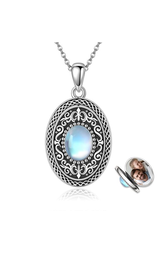925 Sterling Silver Celtic Knot Locket Necklace That Holds Pictures Photo Pendant Monstone Oval Jewelry for Women Men