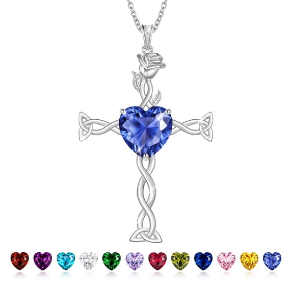 Juwaliy 925 Sterling Silver Plated Celtic Cross Necklace for Women,December Birthstone Rose Flower Pendant Irish Jewelry Christmas Valentines Birthday Gift for Mother/Wife/Daughter