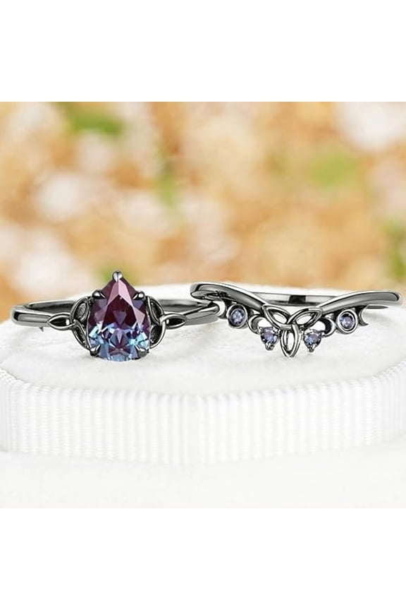 925 Sterling Silver Celtic Trinity Knot Bridal Ring Set, Pear Cut Alexandrite, Black Plated - Dreamofdazzles Jewels -4
