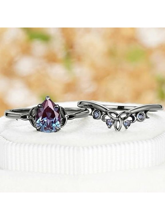 925 Sterling Silver Celtic Trinity Knot Bridal Ring Set, Pear Cut Alexandrite, Black Plated - Dreamofdazzles Jewels -5