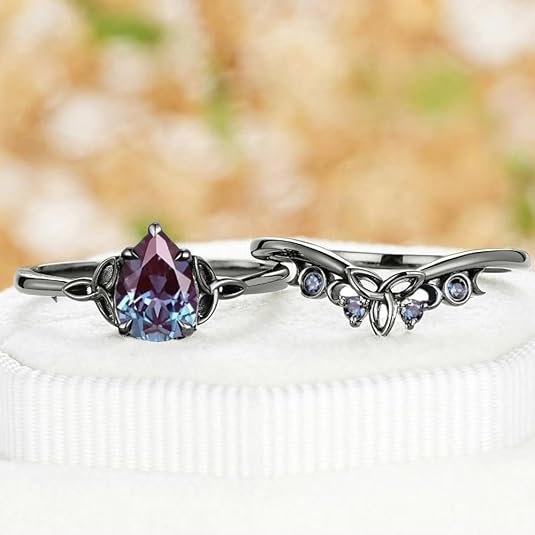 925 Sterling Silver Celtic Trinity Knot Bridal Ring Set, Pear Cut Alexandrite, Black Plated - Dreamofdazzles Jewels -6