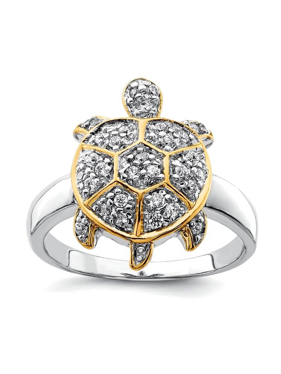 925 Sterling Silver Center Cubic Zirconia and Gold Plated Turtle Ring Size 8 2mm Wide Ring for Women