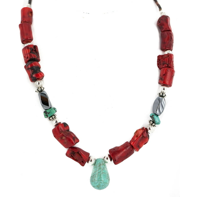 Stunning Navajo Coral And Hematite Sterling Silver Necklace Native American Stunning Navajo Coral And Hematite Sterling Silver Necklace Native American