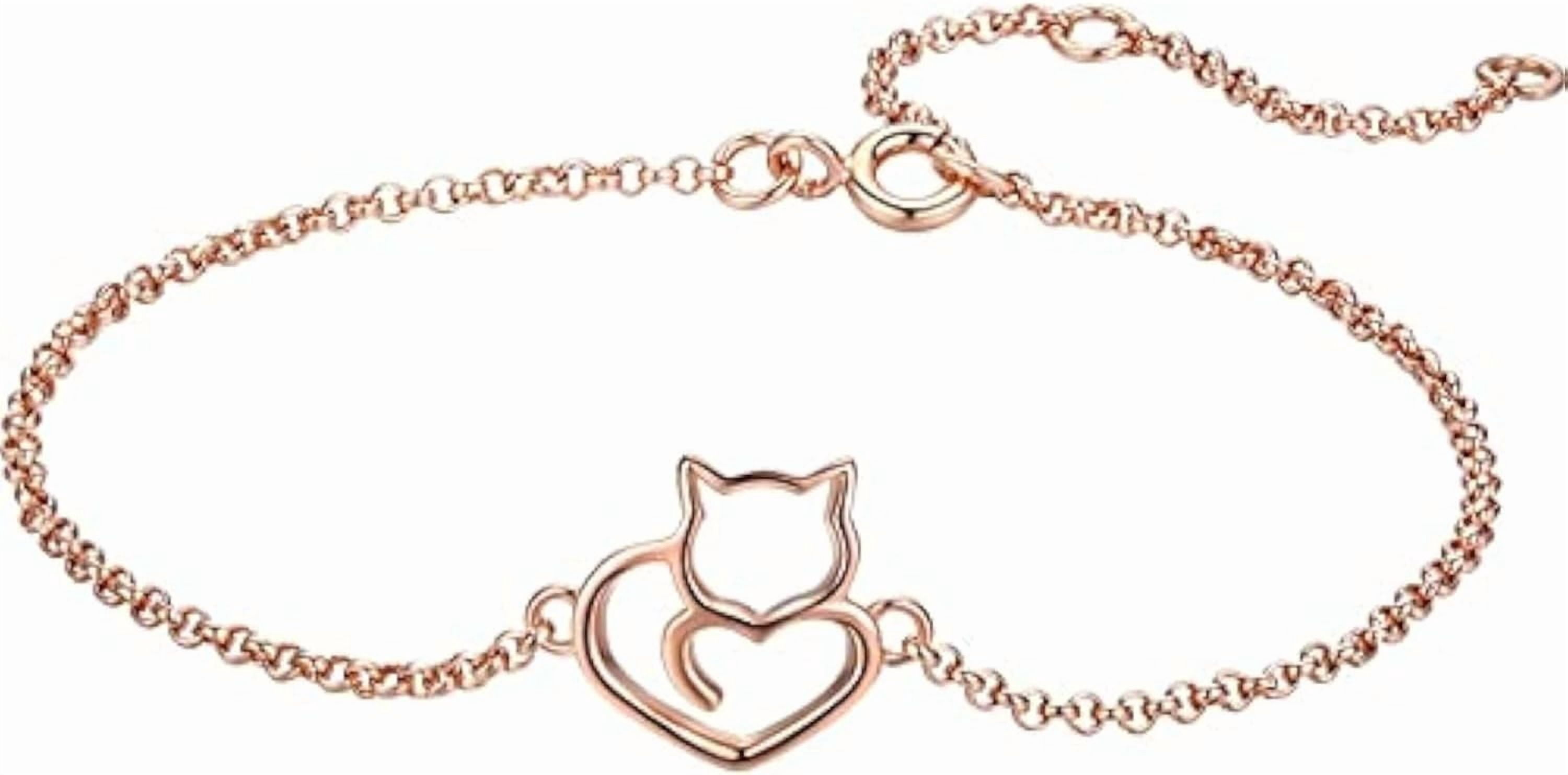 925 Sterling Silver Chain Bracelet with Cat Love Heart Charm Adjustable Plated Gold Bracelets with Chain Length 6.5in-7.9in, Best Jewelry Gift for Girls Women Cat Lovers