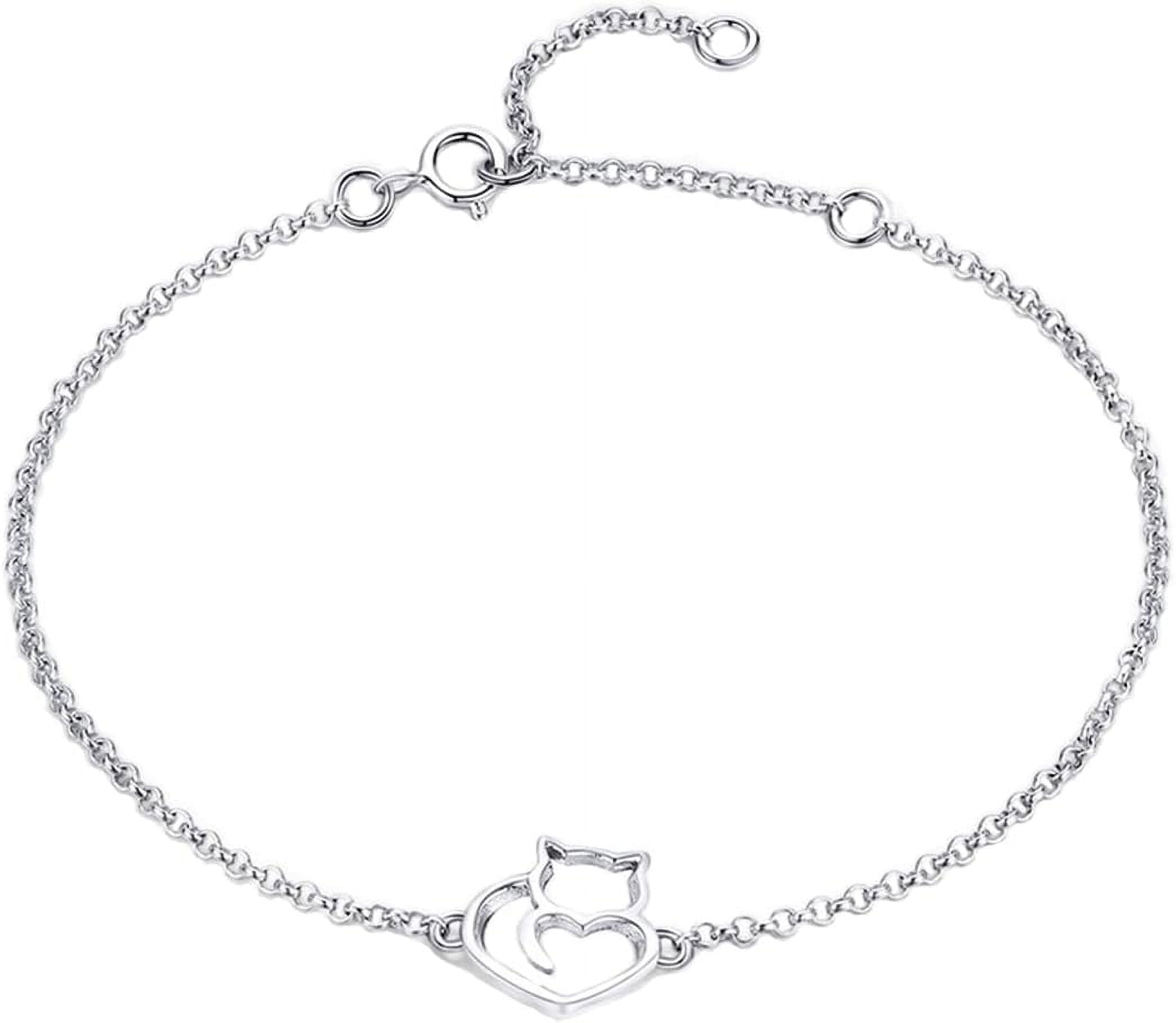925 Sterling Silver Chain Bracelet with Cat Love Heart Charm Adjustable Plated Gold Bracelets with Chain Length 6.5in-7.9in, Best Jewelry Gift for Girls Women Cat Lovers