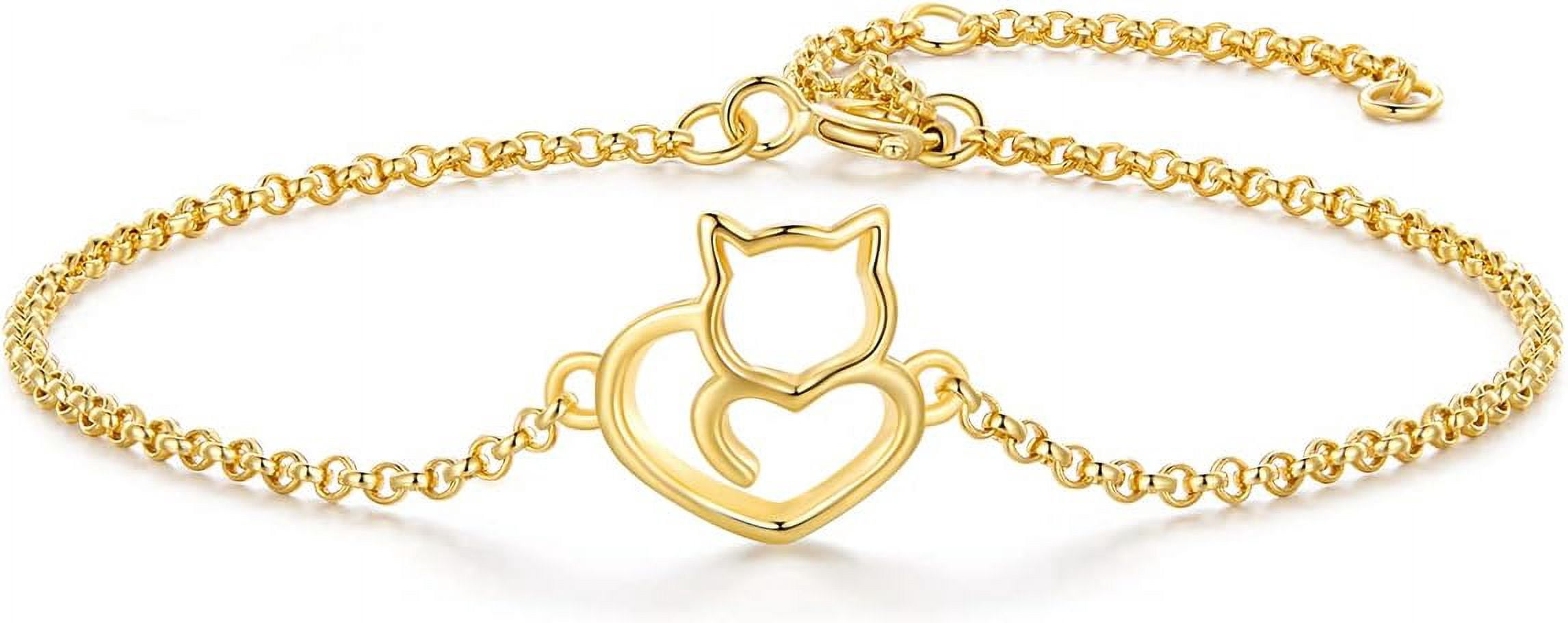 925 Sterling Silver Chain Bracelet with Cat Love Heart Charm Adjustable Plated Gold Bracelets with Chain Length 6.5in-7.9in, Best Jewelry Gift for Girls Women Cat Lovers