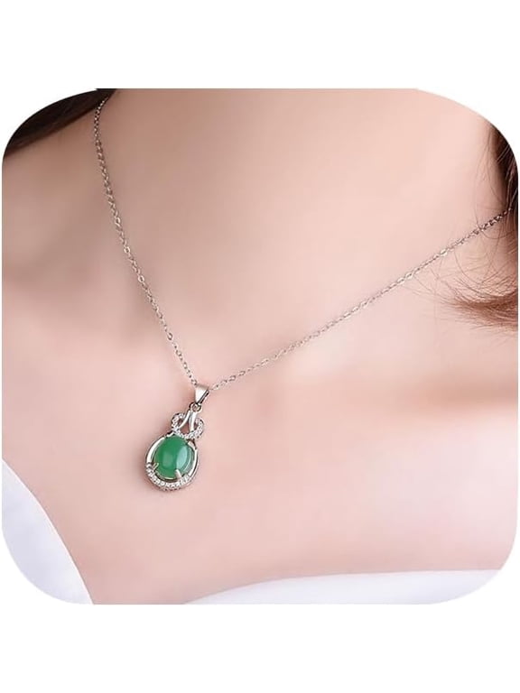 925 Sterling Silver Chain Necklace for Women Simulated Oval Emerald Agate Jadeite Chalcedony Water Drop Pendant Necklace Teardrop Healing Crystal Necklace