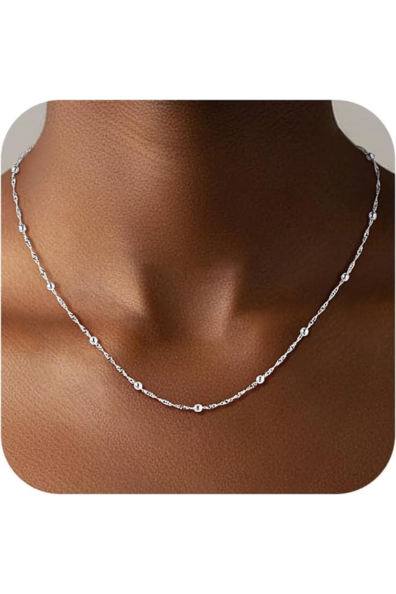 925 Sterling Silver Chain for Women, 1.5mm Singapore Chain with Bead Lobster Claw Clasp Silver Chain Necklace Jewelry Gifts for Women Mom Girlfriend