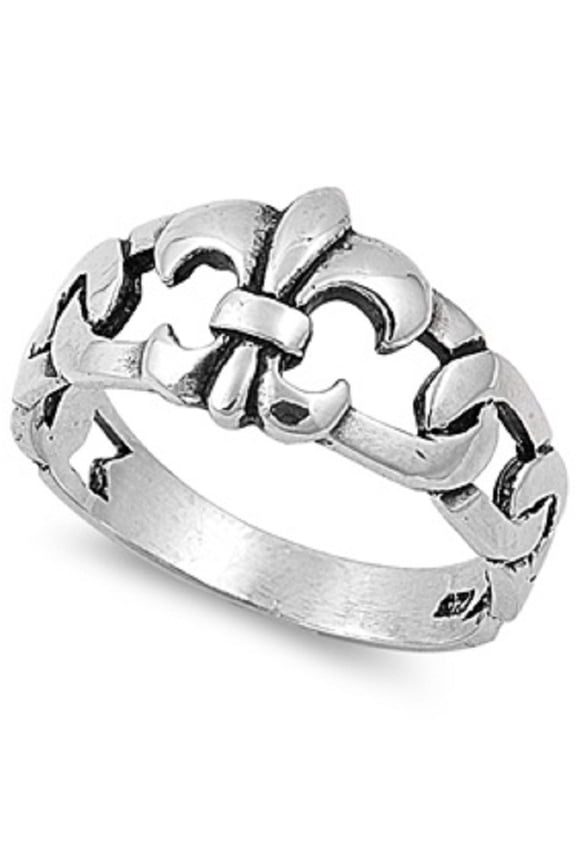 925 Sterling Silver Chained Fleur De Lis Ring Size 5