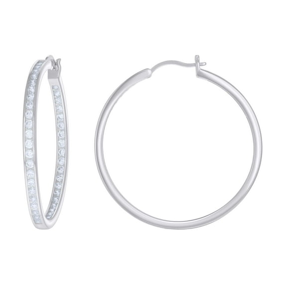 925 Sterling Silver Channel Set Cubic Zirconia Women's 3mm Hinged In & Out Hoop Earrings | 40mm