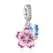 925 Sterling Silver Charm Women Bracelets Necklace Pink Pansy Flower Blue Butterfly Dangle Charms Women Bracelet Charm