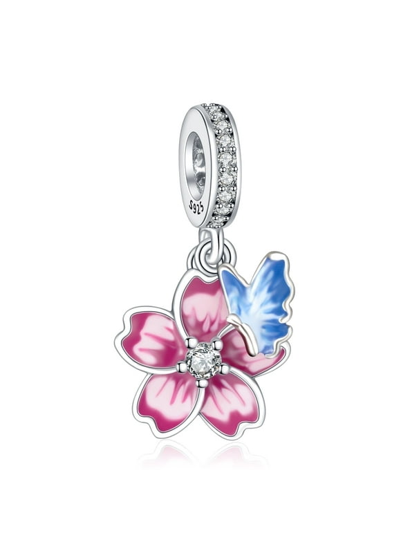 925 Sterling Silver Charm Women Bracelets Necklace Pink Pansy Flower Blue Butterfly Dangle Charms Women Bracelet Charm