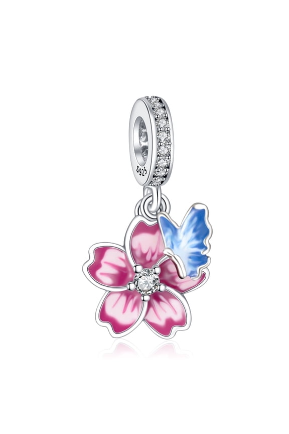 925 Sterling Silver Charm Women Bracelets Necklace Pink Pansy Flower Blue Butterfly Dangle Charms Women Bracelet Charm