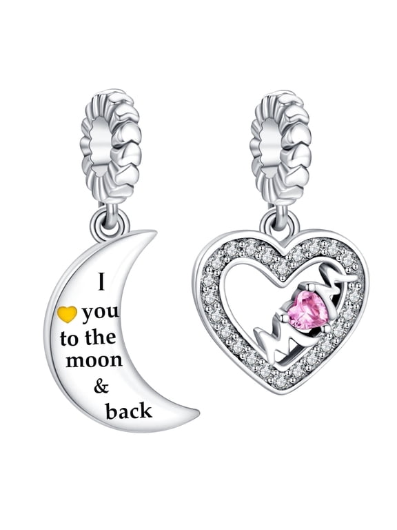 925 Sterling Silver Charm for Bracelets Mom Heart Moon 2pcs Dangle Charms Women Bracelet Charm