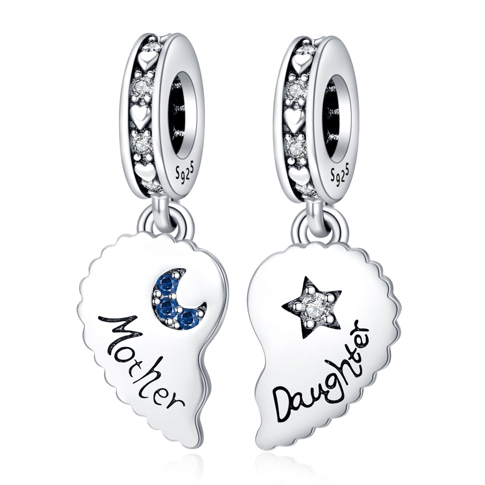 ROSIANNA 925 Sterling Silver Charm for Bracelets Mother Daughter Split Heart Dangle Charms Women Bracelet Charm